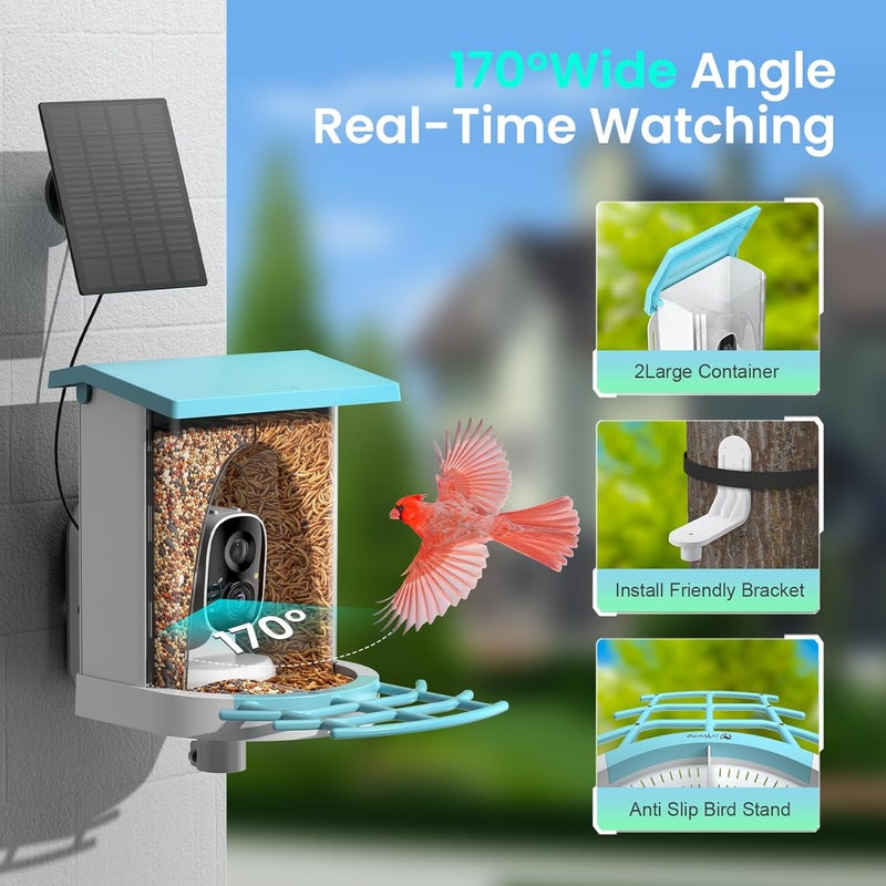 isYoung Smart Bird Feeder with Camera, 2K HD, Dual Granary, AI Identify 16,000+ Birds, Auto-Capture, Motion Detection, 5W Solar, 170° Wide View, Ideal Gift for Birds Lovers, Outdoor Bird Watching. - Image 4